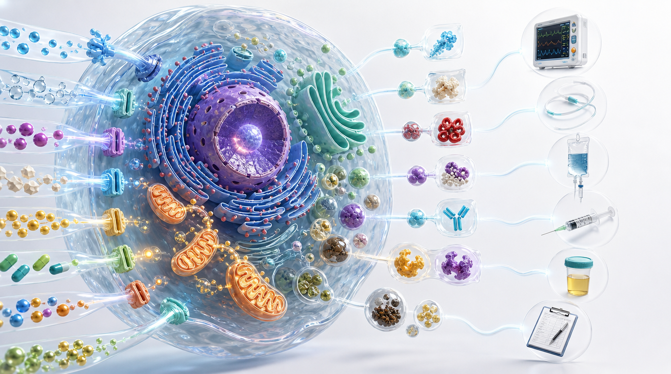 The cell factory: raw materials flowing in, organelles at work, and products flowing out to bedside clinical cues