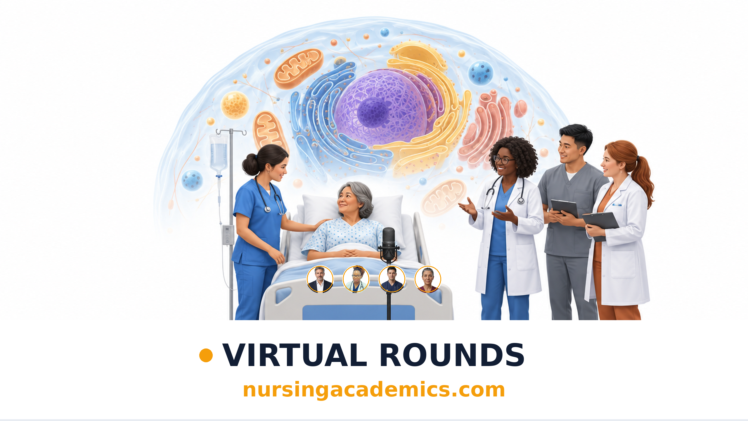 Virtual Rounds Podcasts: the care team around a patient's bedside with a virtual-rounds panel, the LPN as the investigator for threats to the cell's energy, ATP