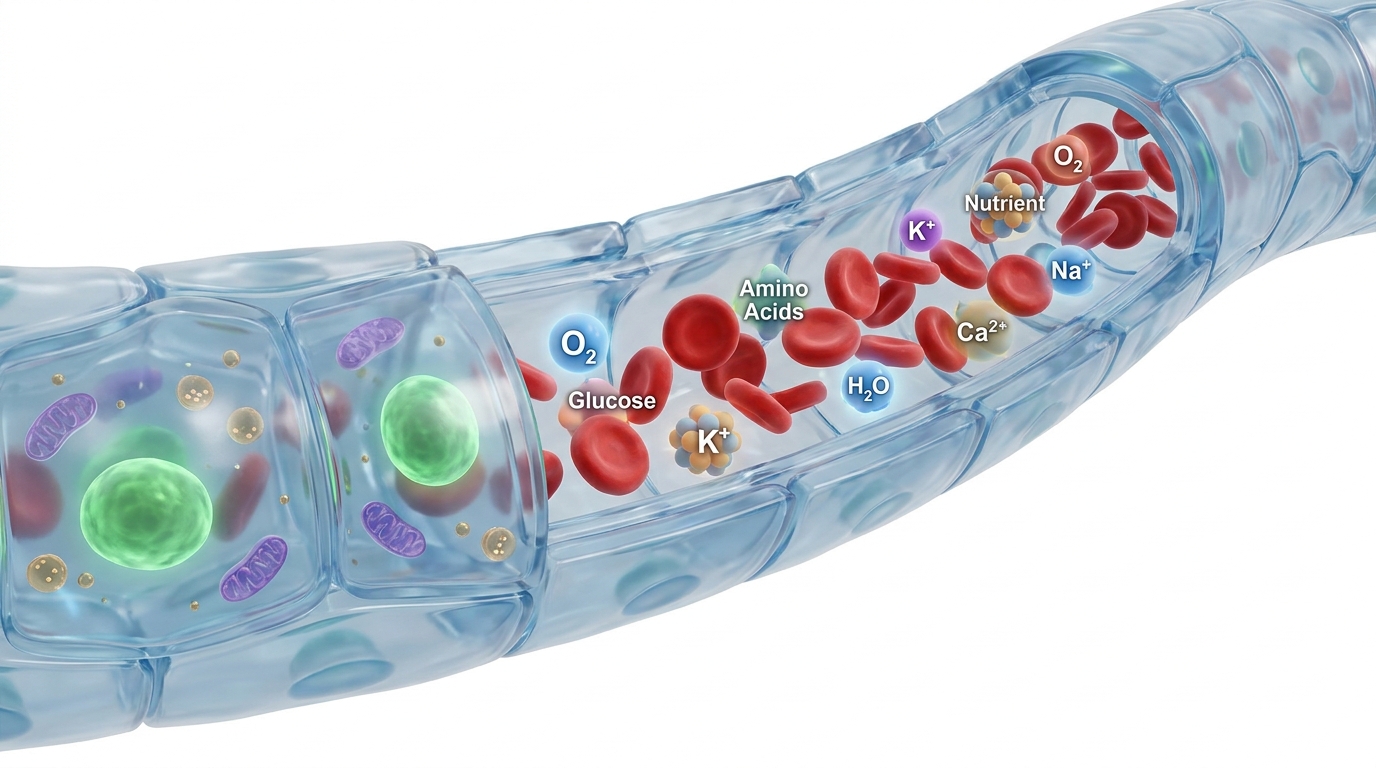 Red blood cells delivering oxygen, glucose and electrolytes through a vessel to a living cell