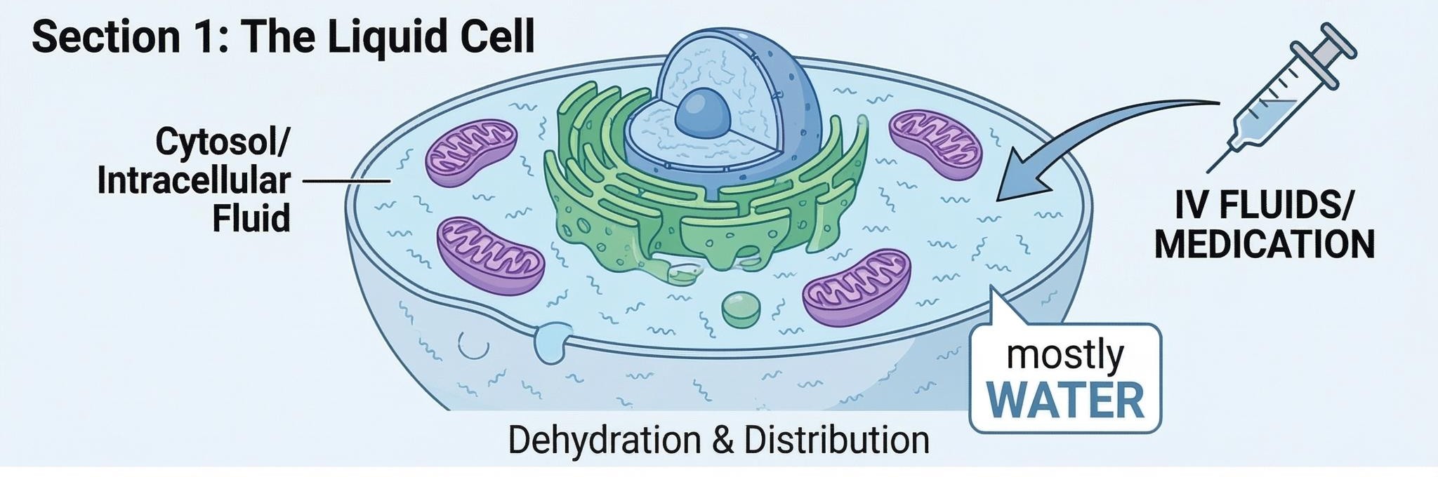 Diagram of cytosol, intracellular fluid, IV fluids and water balance