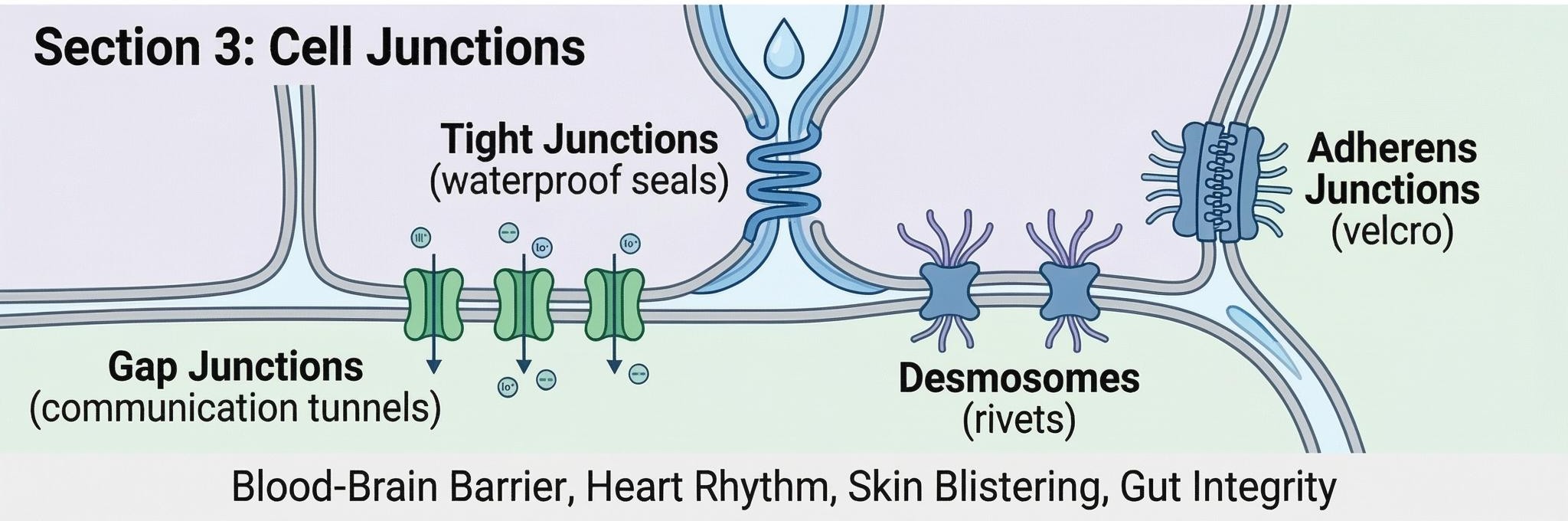 Diagram of cell junctions: tight junctions, desmosomes, gap junctions and adherens junctions